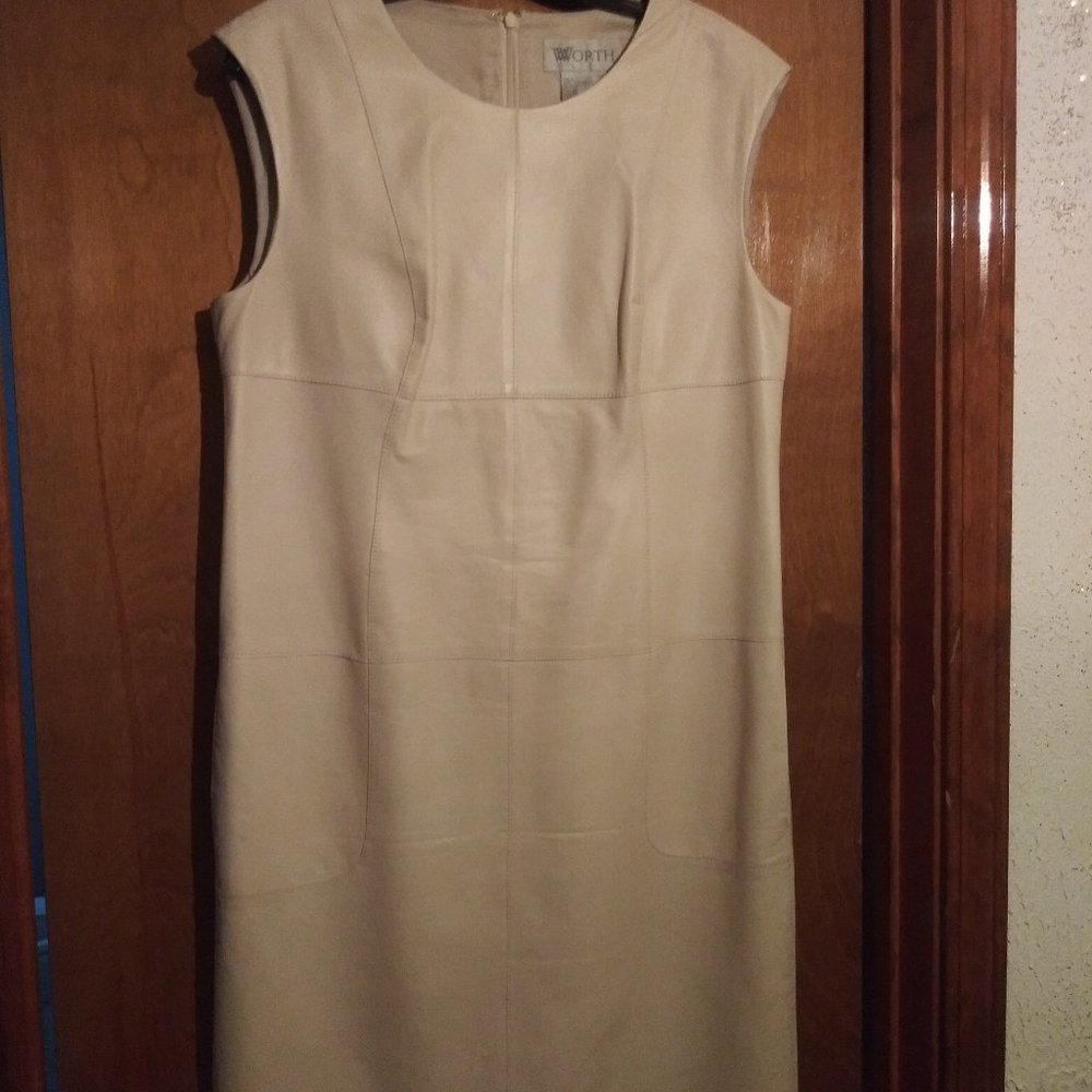 Worth cream leather sheath dress with pockets